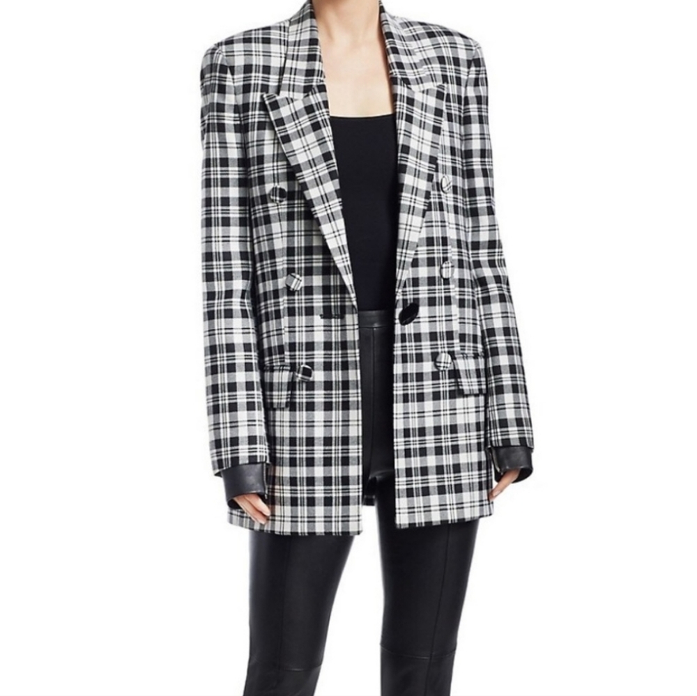 Alexander Wang Peaked Lapel Plaid Black White Wool Blazer Lamb Leather Cuffs 2